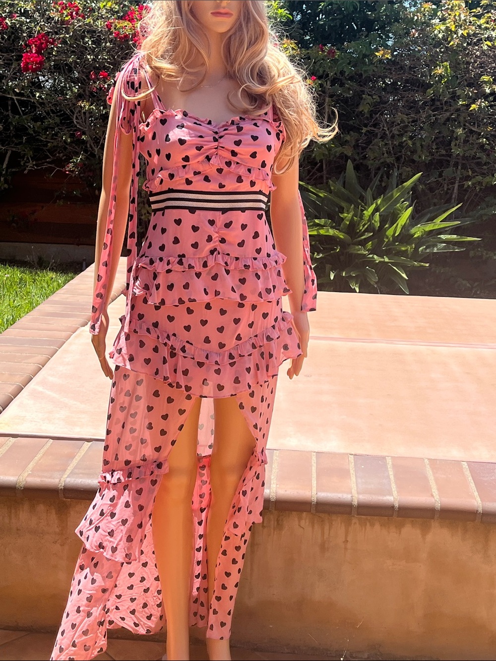 For Love & Lemons Pink Heart-Print Ruffle Slip with Striped Waist